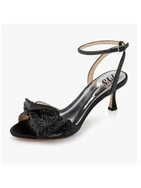 FYS Black Cute Rhinestones Bow Peep Toe High Heel Ankle Strap Sandal Satin Shoes